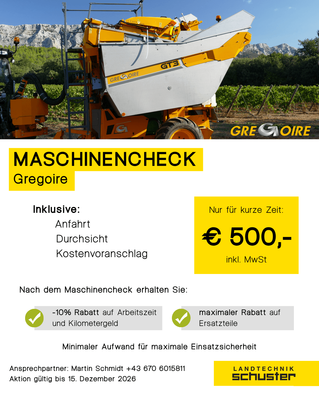Gregoire Maschinencheck bei Landtechnik Schuster: Anfahrt, Durchsicht und Kostenvoranschlag für 500 Euro inkl. MwSt.