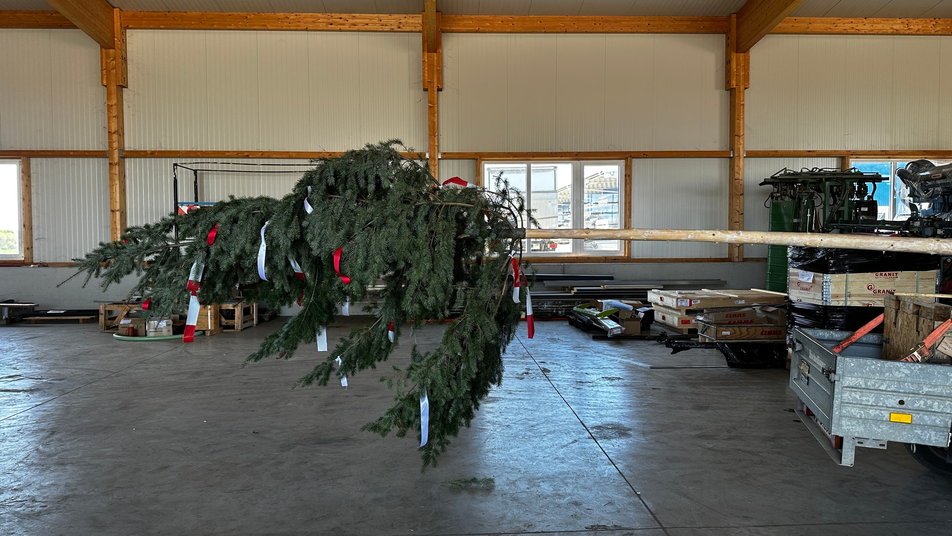 Vorbereitung Maibaum Tradition bei Landtechnik Schuster 